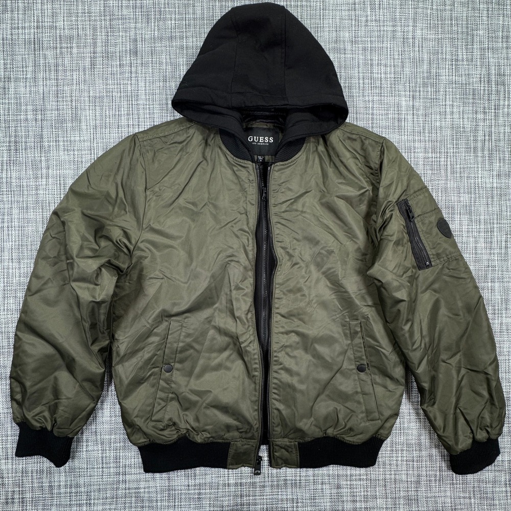 Guess Mens Medium Bomber Jacket Hooded Nylon Olive Green Black Full Zip Lined